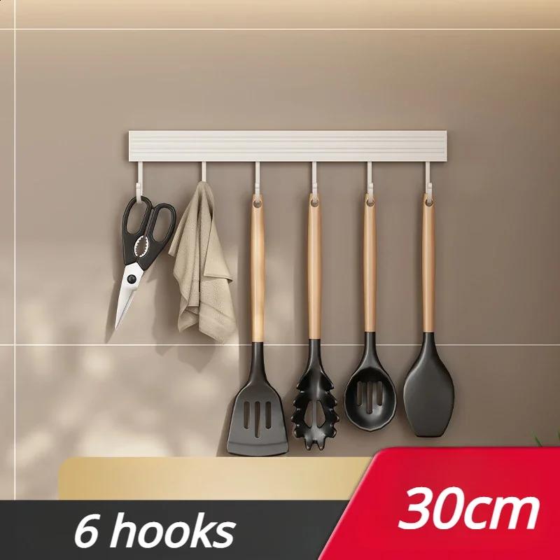 20/30/40/50cm White Kitchen Hook Holder No Punch Wall Hanging Rod Space Aluminum Row Hook Spatula Spoon Shovel Storage Rack