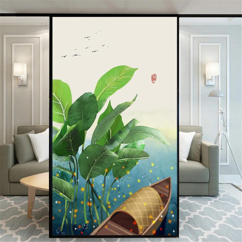 Static Cling Privacy Windows Film Decorative Plant LandscapeStained Glass Window Stickers  Frosted Windows Film