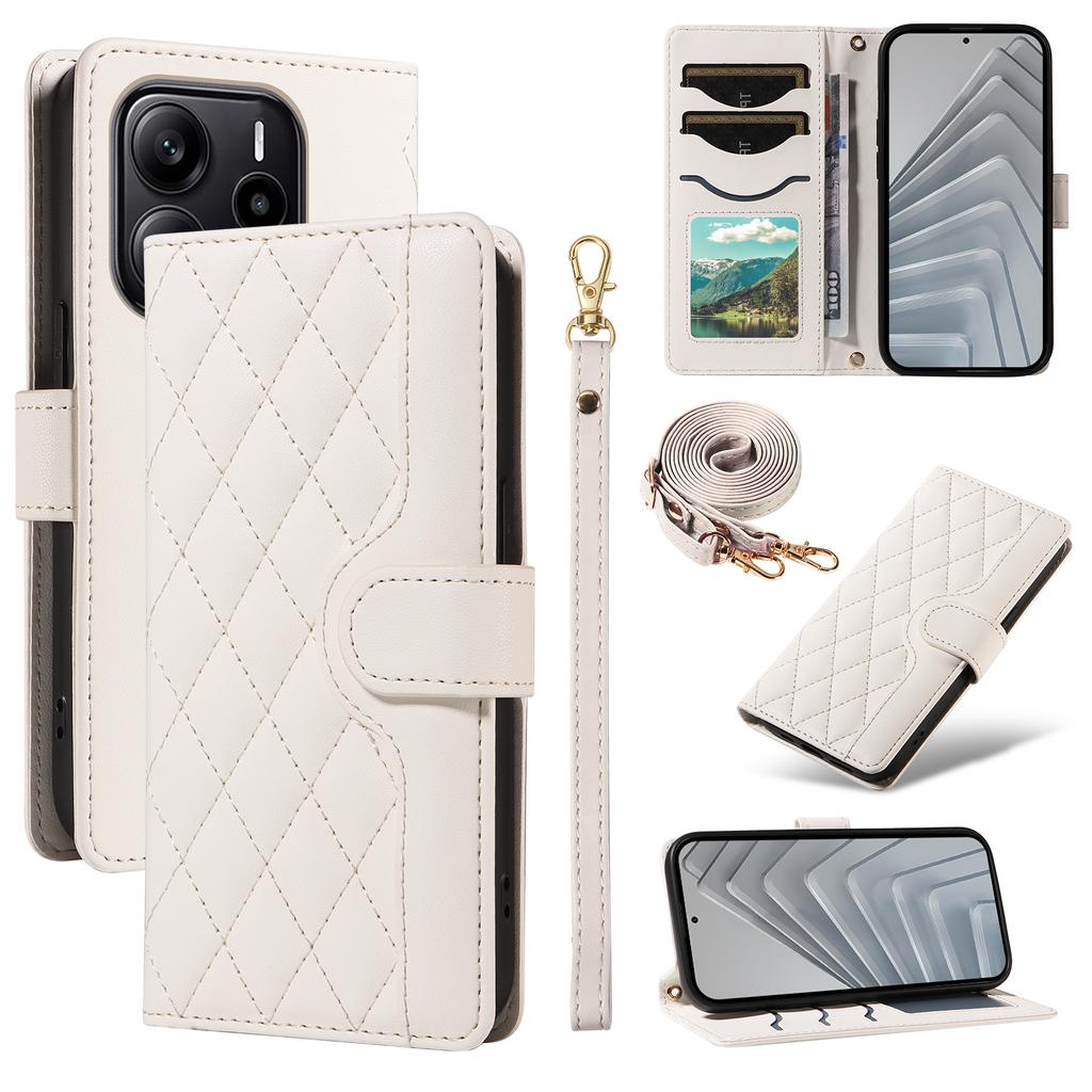 For Xiaomi Redmi Note 14 4G (164.84x78.15x8.16mm) Wallet Case Rhombus Leather Phone Cover with Strap