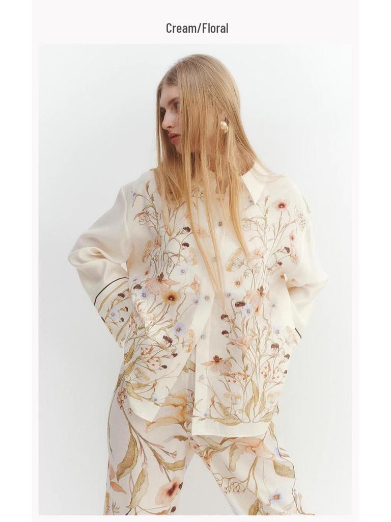 Женский европейско-американский комплект с цветочным принтом из рубашки с длинным рукавом и брюк, 2025