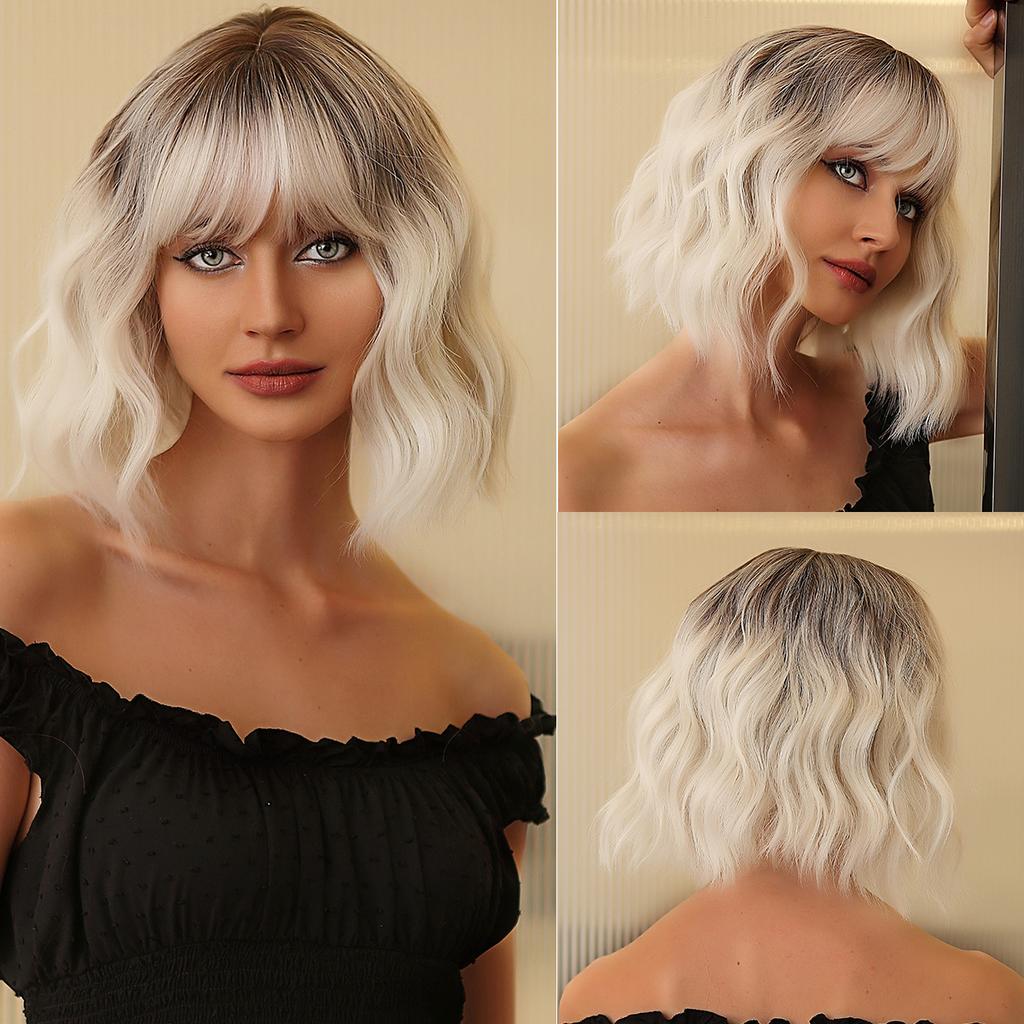 Platinum Bob Wig With Bangs Short Loose Wavy Synthetic Wigs for Women Cosplay Party Wig Dark Root Heat Resistant Fiber Fake Hair