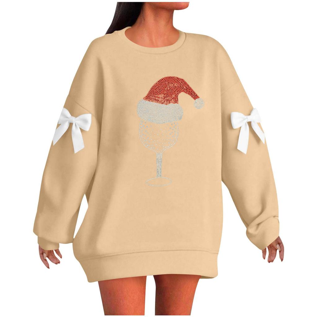 Ladies' Christmas Printed Bow Round Neck Long Sleeved Loose Pullover Sweater Sweatshirt Top