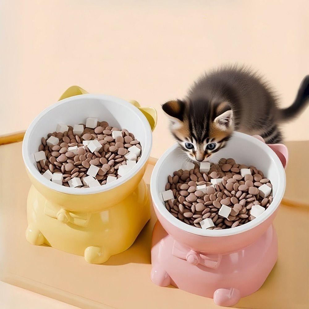 Anti-knock Neck Protection Bowl Anti-spill High Foot Bowl Solid Color Elevated Cat Bowl  Indoor Use