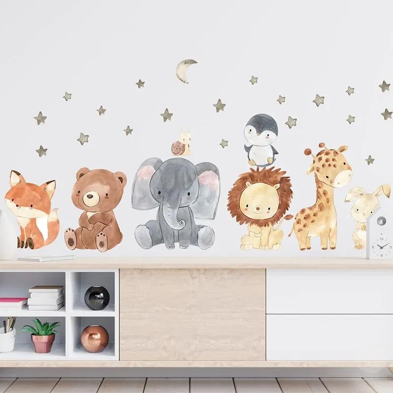 2PC Cartoon Cute Africa Animals Wall Stickers Elephant Giraffe Bear Fox Home Decoration