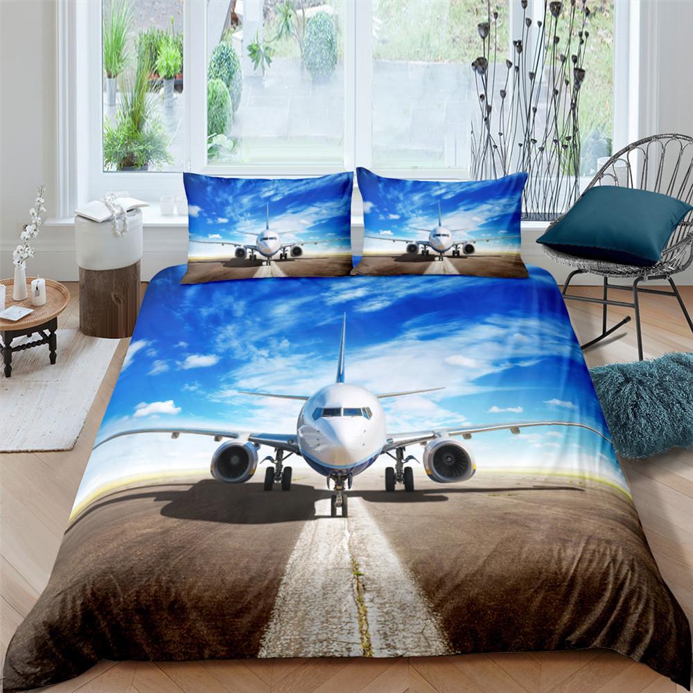 3D Aircraft Bedding Set, Transportation Tools, Quilts, Pillowcases, 2/3 Pieces, DE135 * 200, Boys' Room, Full Size, Soft, Zippered Bedroom Decoration