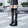 Женские высокие сапоги до колена с круглым носком и очень высоким каблуком на танкетке, женские длинные сапоги, зима 2024, новинка, модный дизайнер, роскошь, водонепроницаемость