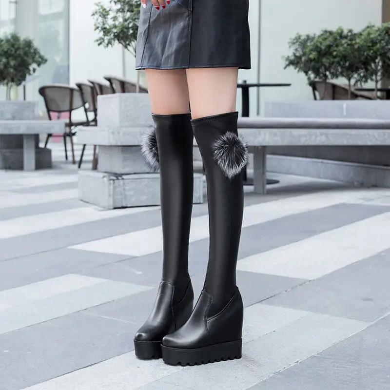 Женские высокие сапоги до колена с круглым носком и очень высоким каблуком на танкетке, женские длинные сапоги, зима 2024, новинка, модный дизайнер, роскошь, водонепроницаемость