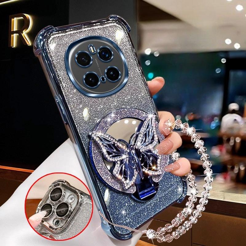 Блестящий браслет-кристалл с зеркалом-бабочкой для Huawei Honor Magic 7 6 5 4 3 Pro Противоударный силиконовый чехол с гальваническим покрытием