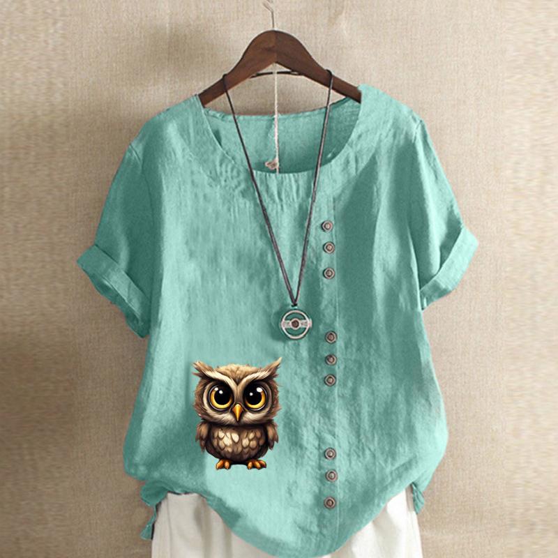 Women's Fashion Owl Prined Short Sleeve T-shirt Loose Cotton Shirt Casual Loose Summer Blouse Tops Plus Size