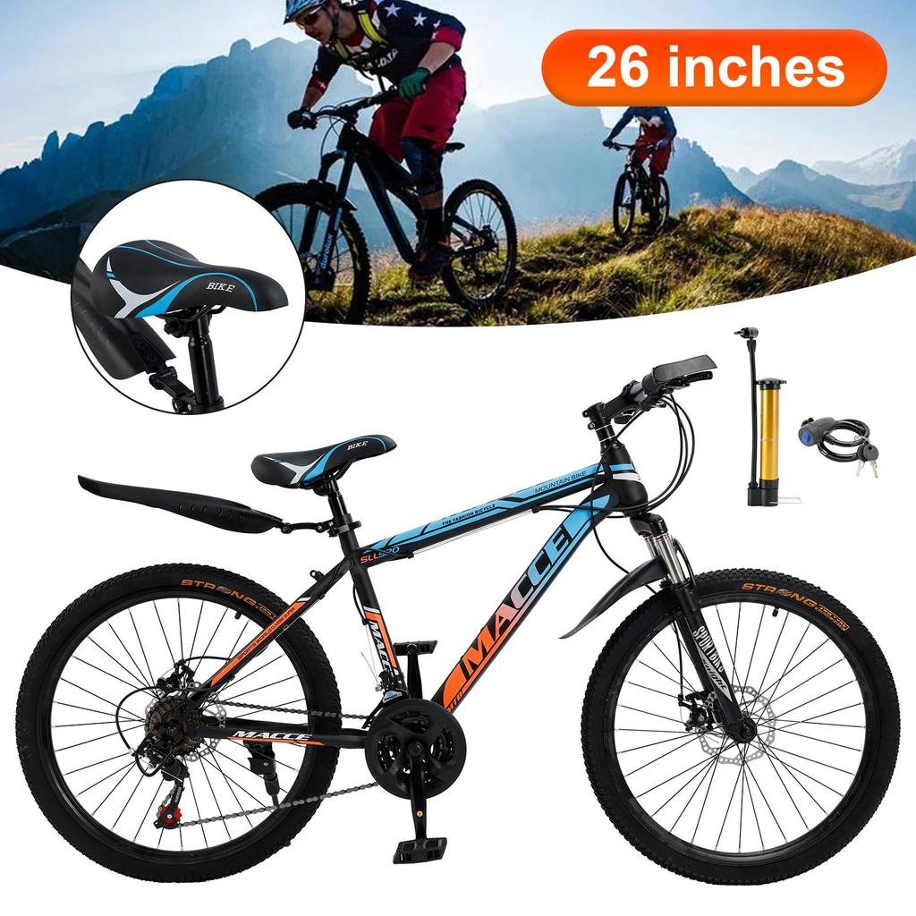 26" Spoke Wheel 24 Speed Mountain Bicycle Adult Bike MTB W/ Fender Blue+Orange