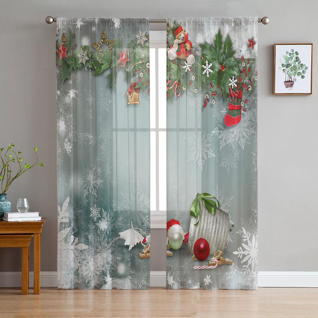 Christmas Bells Bears Decorative Balls Snowflakes Tulle Sheer Window Curtains Living Room Bedroom Voile Organza Curtains Drapes