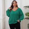 Large-sized Women's Sweater with Pineapple Sleeves and Deep V Patchwork, Casual Pullover Top