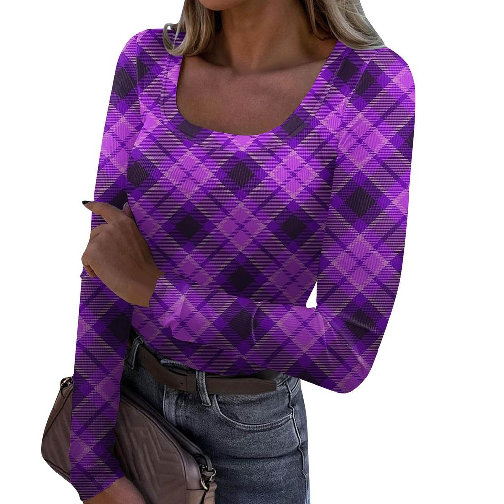 Женская мода Slim Bottom Casual Длинный рукав Printed Pullover U Neck Top