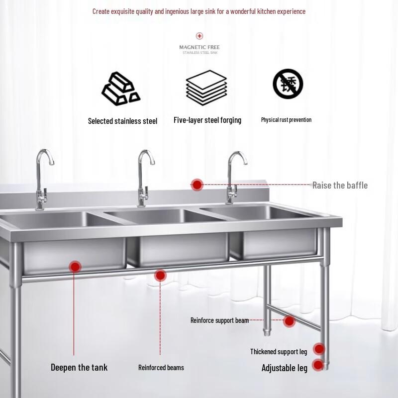 Напольная кухонная мойка из нержавеющей стали с тремя чашами