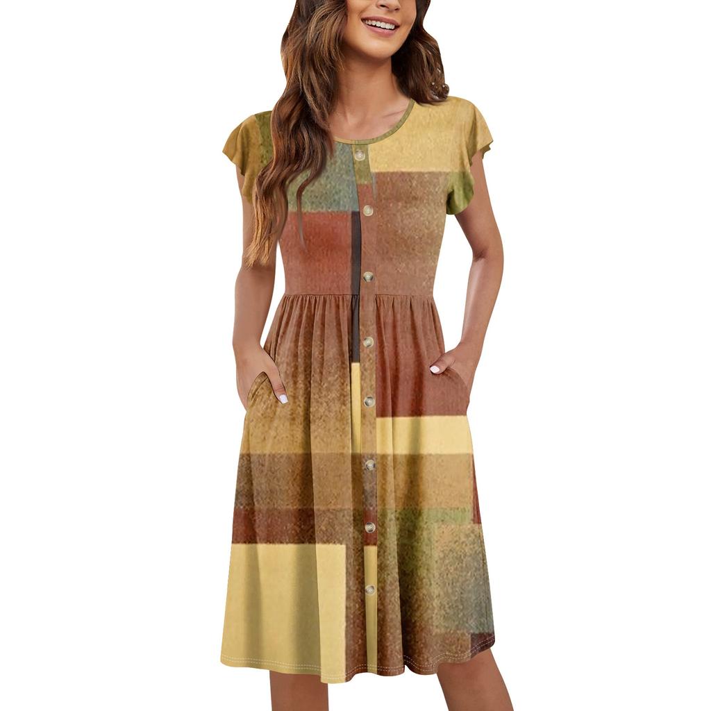 Женские летние платья с круглым вырезом и рукавами-крылышками, повседневные свободные платья-миди с карманами на пуговицах и принтом