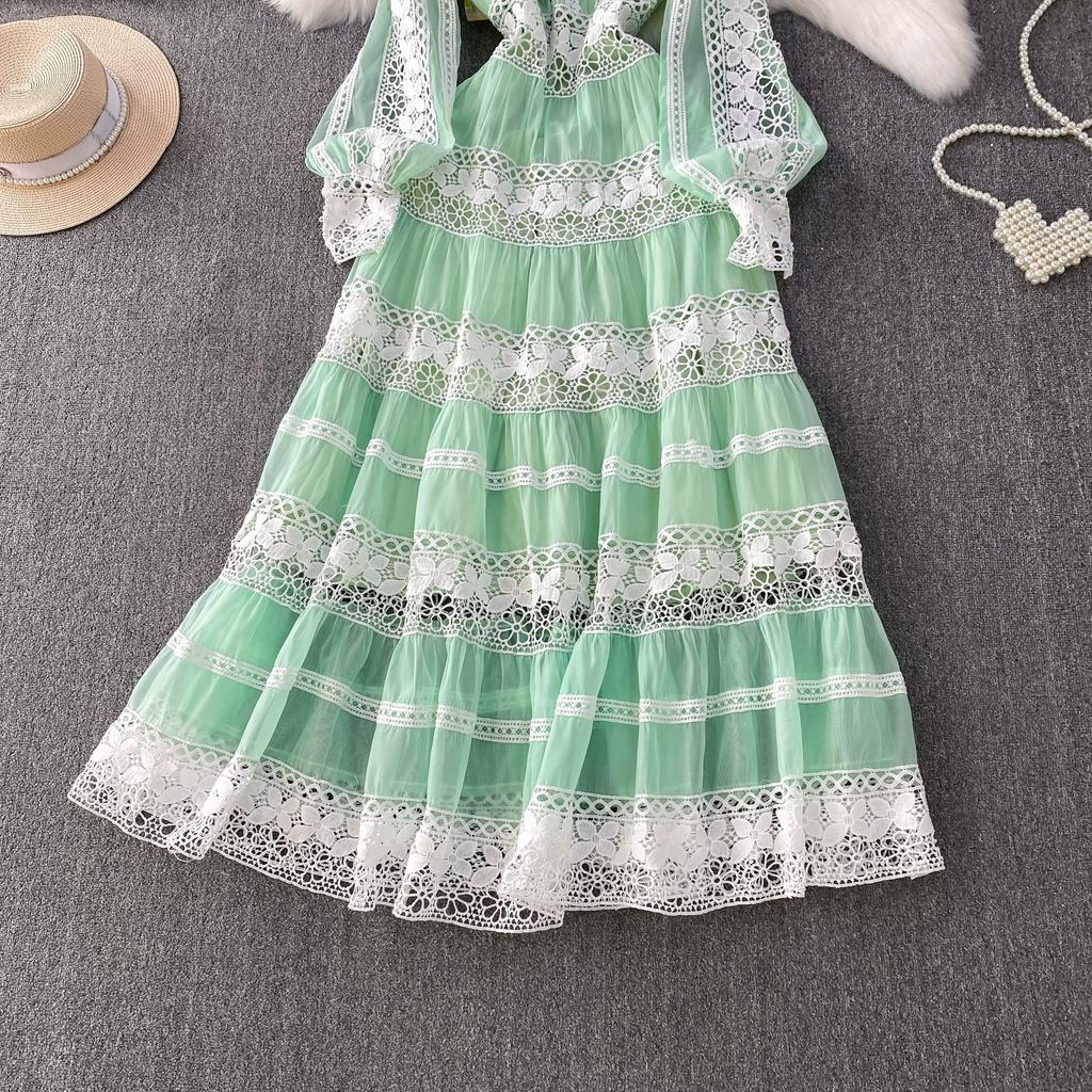 Роскошные Дизайнерские Осенние Вечерние Платья для Выпускного с Ажурной Вышивкой для Женщин, Кружевной Пэчворк, V-образный Вырез, Длинный Рукав-фонарик, Макси-платье