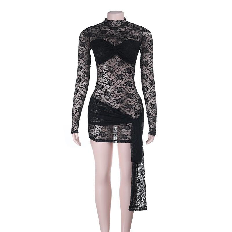 Sexy Lace Long Sleeve Dress Slim Fit High Neck See Through Bodycon Mini Women