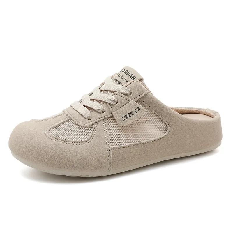 Модная женская обувь Мода 2025 Летние шлепанцы Сетчатые дышащие балетки Нескользящие с круглым носком Уличные полушлепанцы На шнуровке Мюли