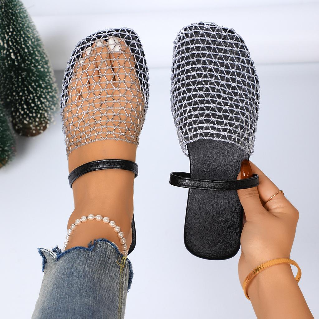 Fashionable Style Cut-out Fishnet Bread Toe Sandals Women's New Wear Flat Soles Comfortable Casual Slippers Tide