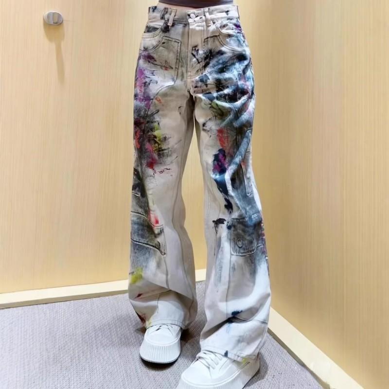 Vintage 1981 Tie-Dye Graffiti Print 3D Textured Distressed Wide-Leg Denim Jeans Men