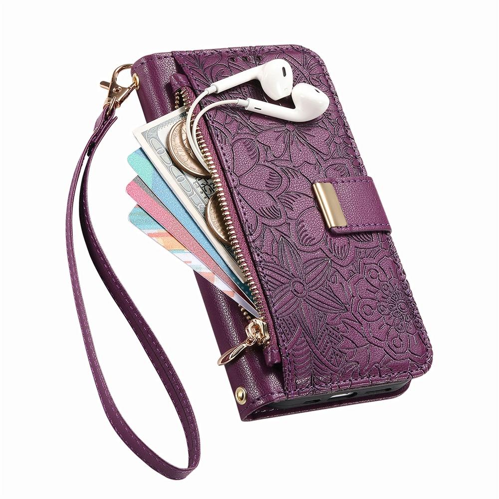 Чехол-кошелек для телефона с 6 отделениями для карт, карманом на молнии для монет, подставкой для просмотра без рук и ремешком на запястье, цветочный дизайн для iPhone / Samsung