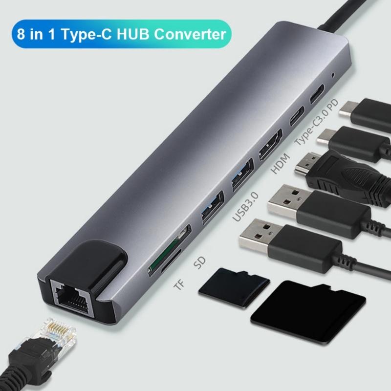 8 In 1 Multiport Adapter with Gigabit Ethernet USB Port Type-C Port Card Reader Type-C Hub Dongle Docking Station