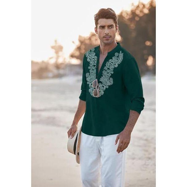 Мужская короткая курта из смесового хлопка с длинными рукавами и этническим дизайном горловины | Повседневная курта с мятой текстурой и воротником-стойкой