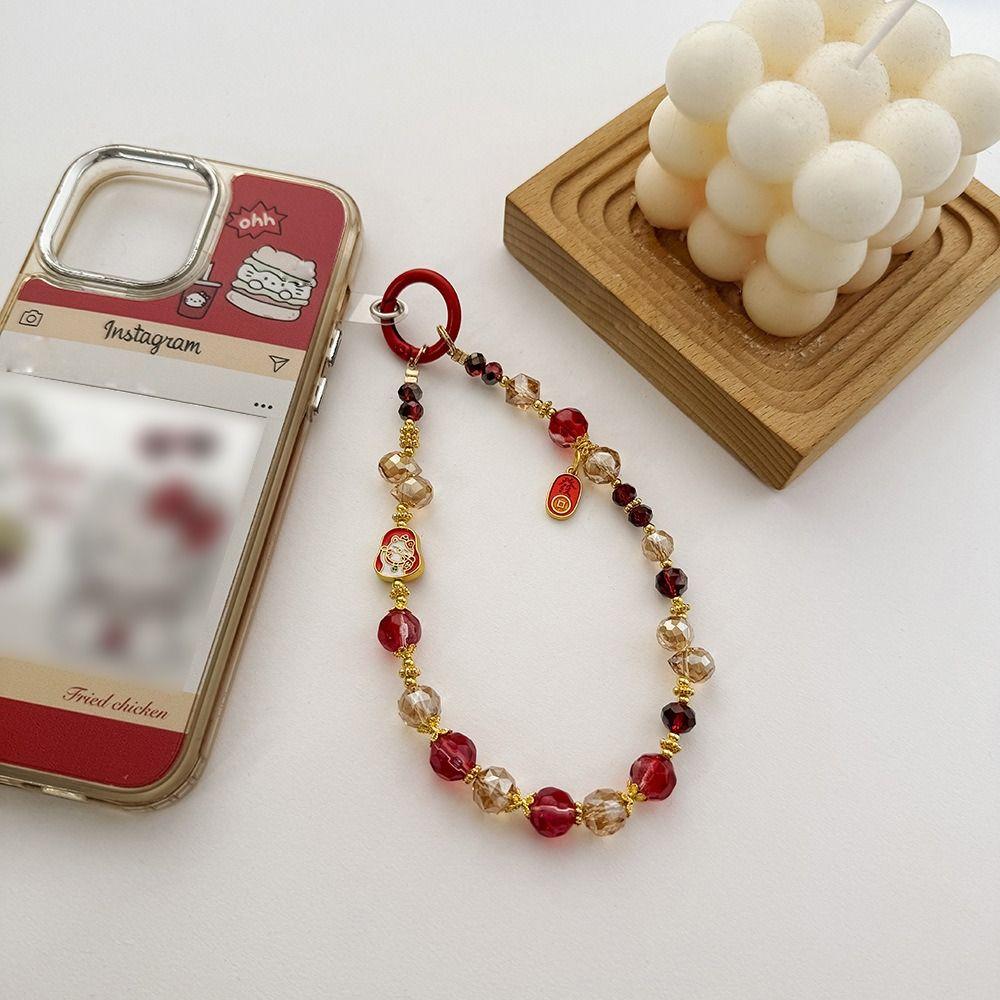 Cartoon Lucky Cat Mobile Phone Lanyard Hand-beaded Car Keychain Cute Phone Charm