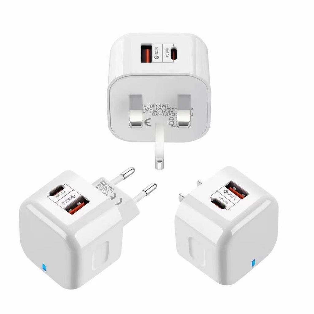 Двухпортовое зарядное устройство PD 20 Вт: USB-C и USB, стандарт ЕС/США
