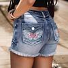 Женские ретро и модные джинсовые шорты нового стиля с эффектом стирки и вышивкой в виде крыльев на заднем кармане