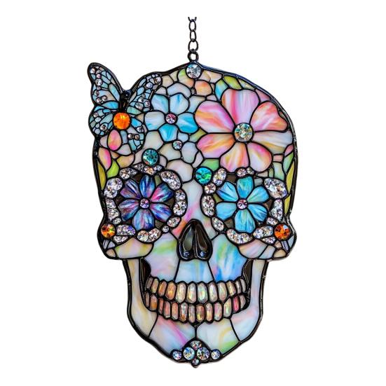 Colorful Skull Suncatcher Sun Catcher Skull Light Trap Window Hanging Decoration with Rhinestones Flowers Butterflies Unique Gothic Boho Decor Gift