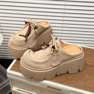 Версия из мягкой кожи~ 7 см большая голова с бахромой на толстой подошве, туфли-мюли, женские, осень 2025, новые полушлепанцы