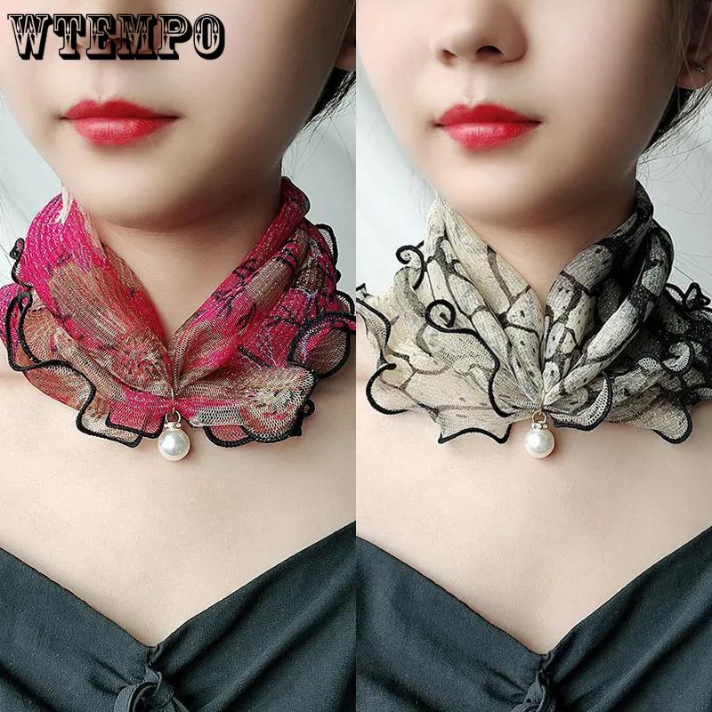 WTEMPO 4PCS Spring Summer Short Mesh Scarves with Pearl Retro Elegant Fashion Versatile Casual Fake Collar Scarves