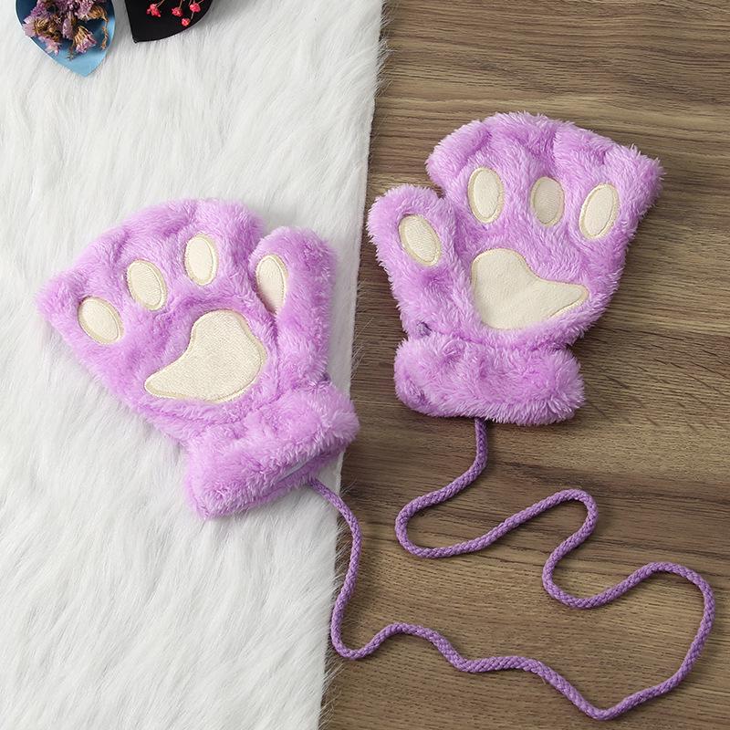 Winter Cute Cartoon Half-Finger Fleece Gloves for Women, Bear & Cat Paw Design.