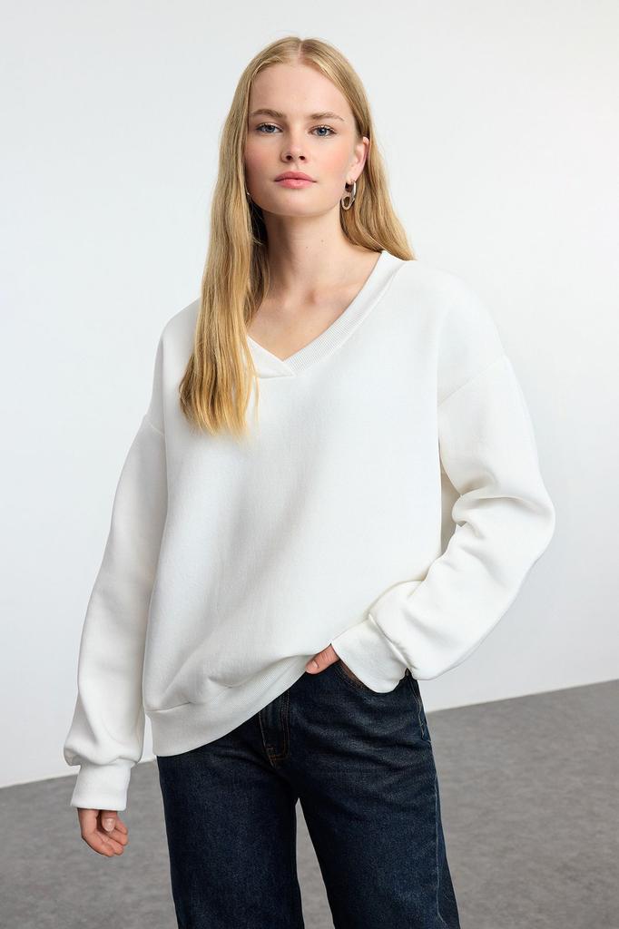 Женский модный стильный свитшот, черный базовый свитер оверсайз с v-образным вырезом, широкий крой, толстый флисовый вязаный свитшот внутри