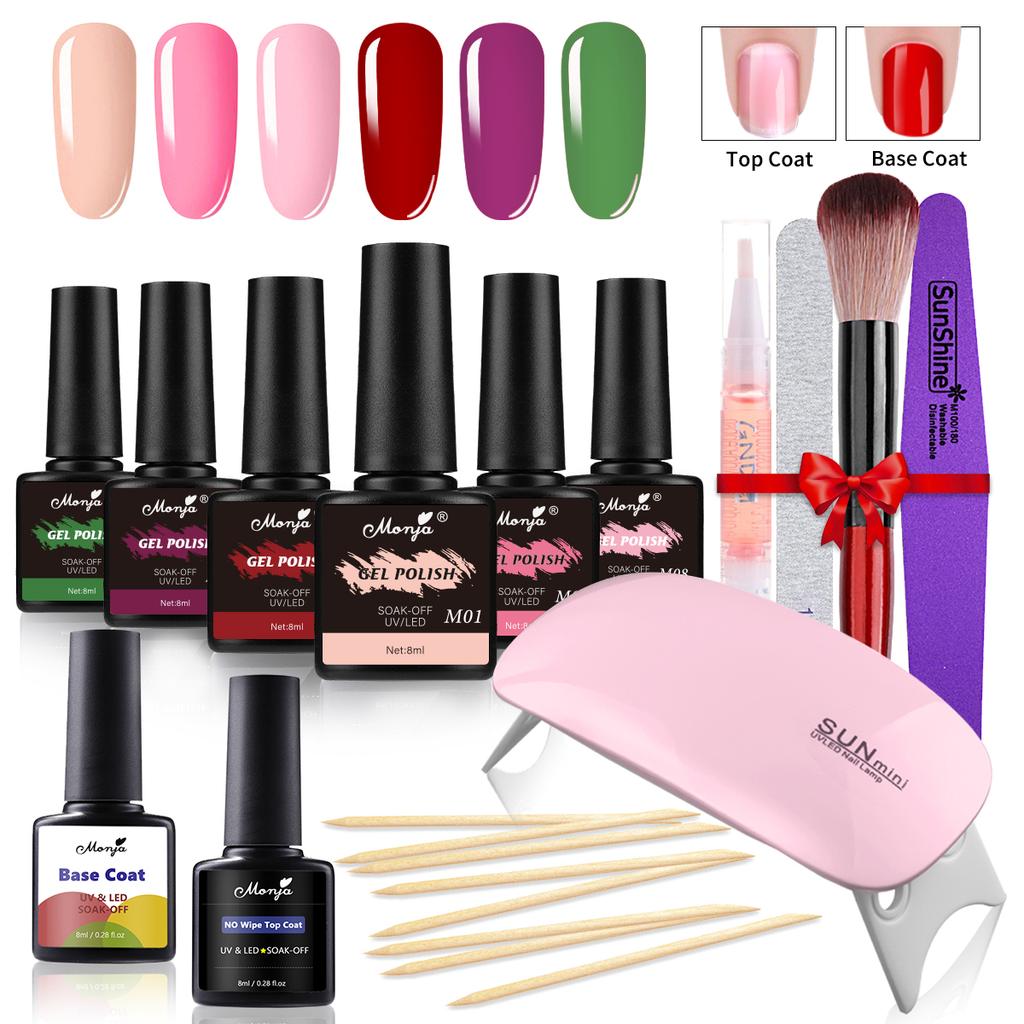 monja Наборы для ногтей, 14 шт./компл., сушилка, 8 бутылочек, 8 мл, УФ-гель-лак, базовое верхнее покрытие, светодиодная лампа, сушильная кисть для отверждения, рисование, рисунок, инструмент для дизайна маникюра «сделай сам»