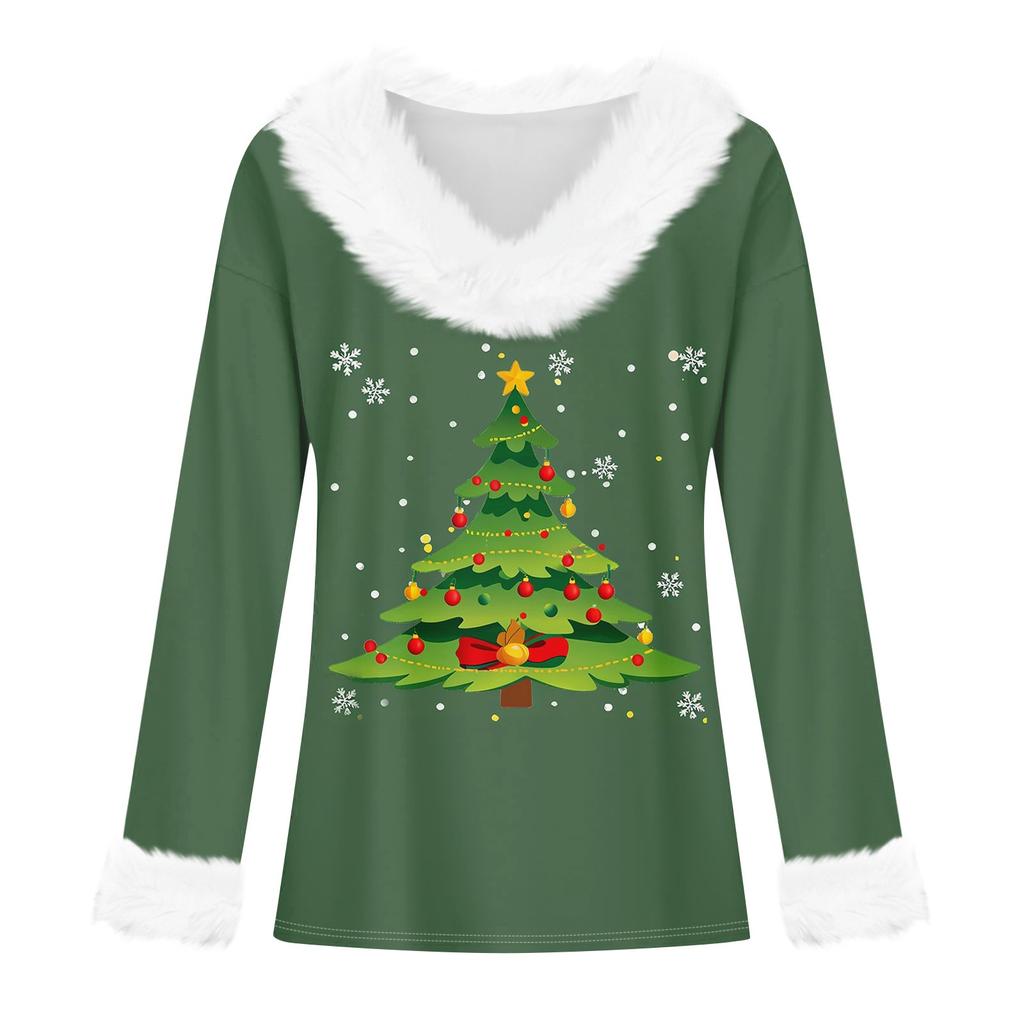 Женская мода повседневная плюшевая кофта с длинным рукавом и V-образным вырезом с рождественским принтом