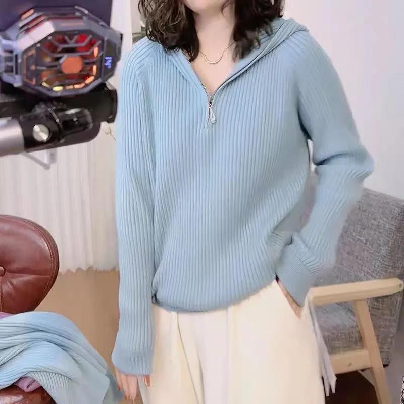 WTEMPO Женские однотонные свитера с длинным рукавом, свободные повседневные джемперы, уличная одежда, осень-зима, с капюшоном, полумолния, трикотажные пуловеры