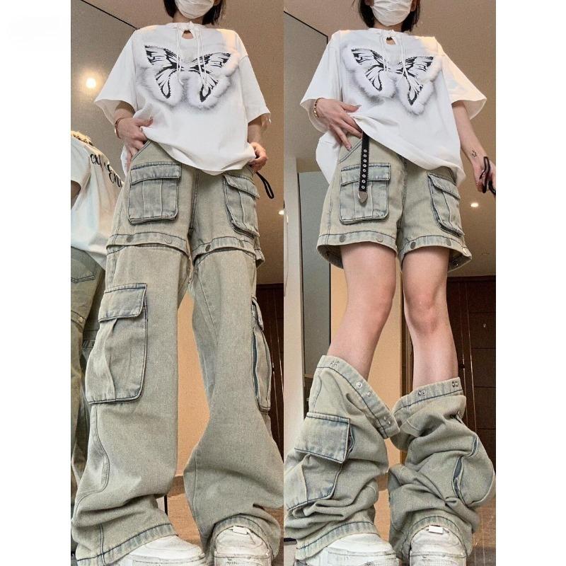 Harajuku Vintage High Waist Loose Jeans Pockets Patchwork Sexy Брюки женские Y2K Wide Leg Baggy High Street Style Denim Брюки