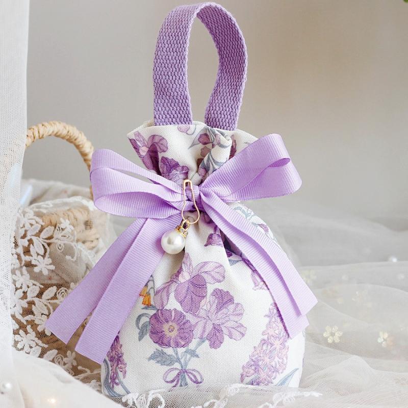 Мини сумка-мешок с цветочным принтом, холщовая, с бантом, мешочек для украшений, с жемчужной цепочкой, свадебные сувениры, пакет для упаковки конфет