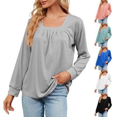 Женский повседневный однотонный квадратный вырез, плиссированный, длинный рукав, свободный пуловер