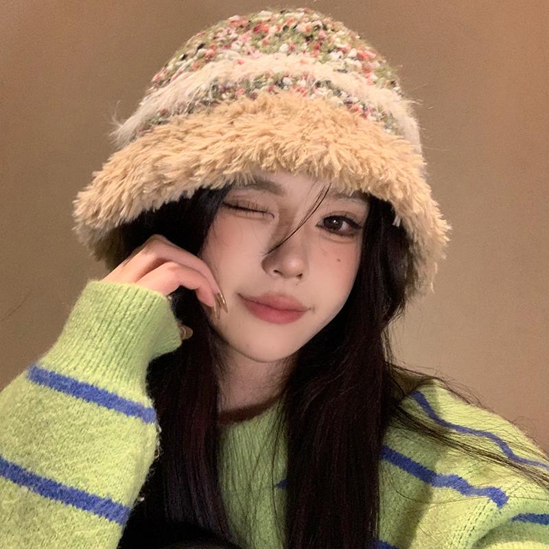 Autumn and Winter New Plush Warm Fisherman Hat Children Color Matching Basin Hat Outdoor Travel Show Face Bucket Hat Tide