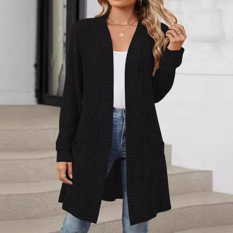 Женская осенне-зимняя длинная однотонная куртка-кардиган с длинным рукавом и свободными карманами