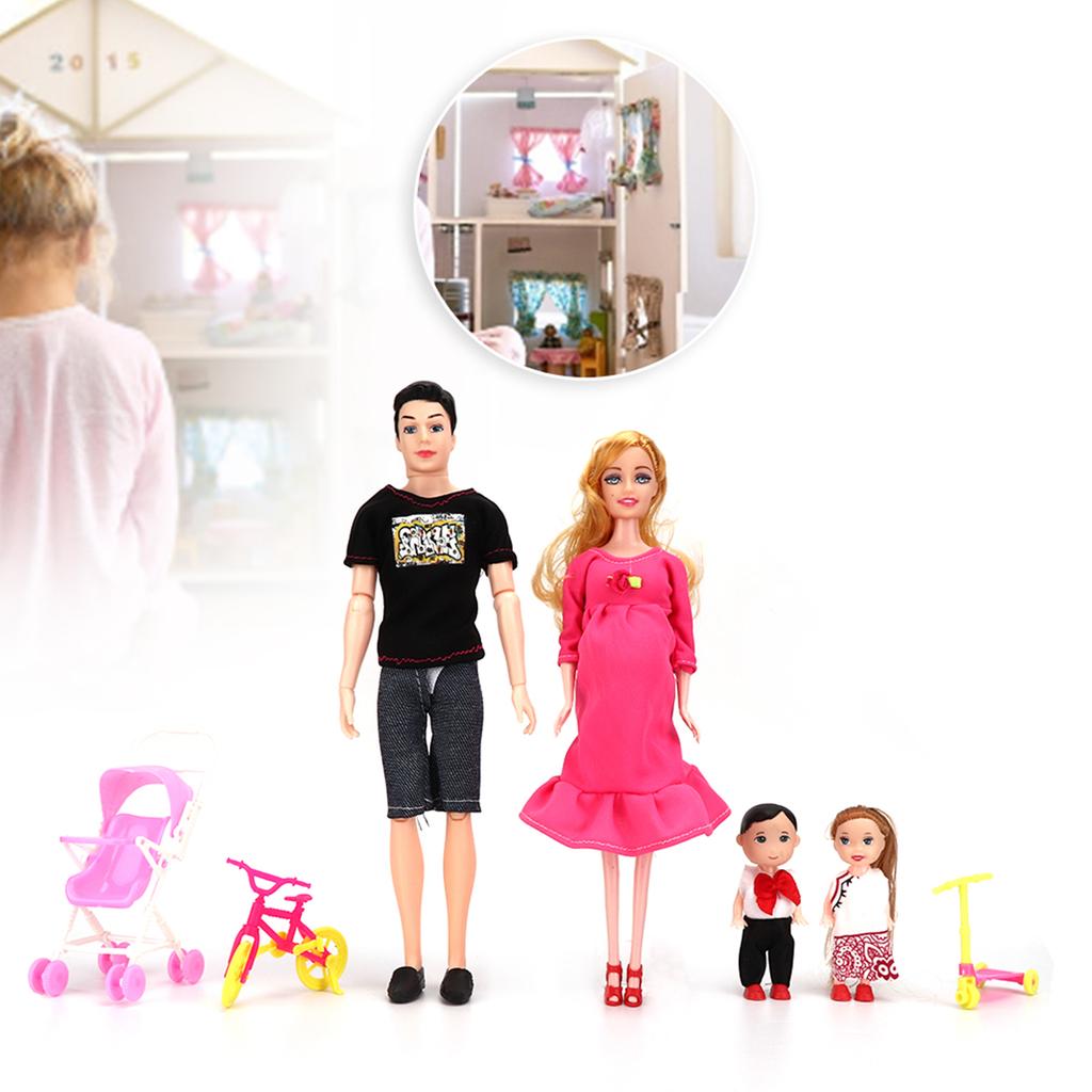 Family Dolls Set of Dad Pregnant Mom Girl Boy Children Role Play House Toy Gift(BlackRose Red )