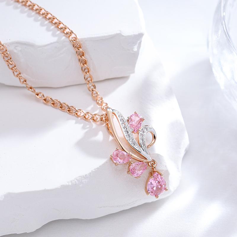 Zircon Flower Pink Natural Shiny Pendant Necklace For Women Fashion Rose Gold Color Mix Daily Ethnic Jewelry