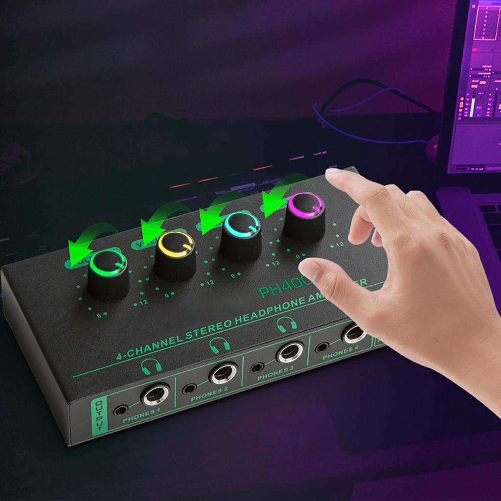Усилитель для наушников, 4 канала, металлический стерео аудио усилитель, разветвитель для наушников, независимый регулятор громкости, светодиодный индикатор