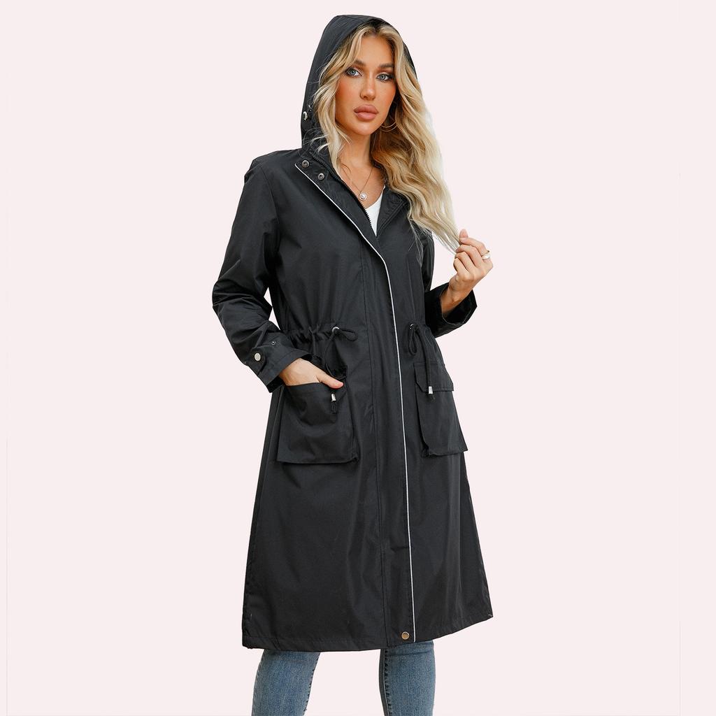Waterproof Jacket Women Hooded Trench Fashion Outdoor Windbreaker Coat Loose Striped Lining Drawstring Long Blazer Autumn Winter