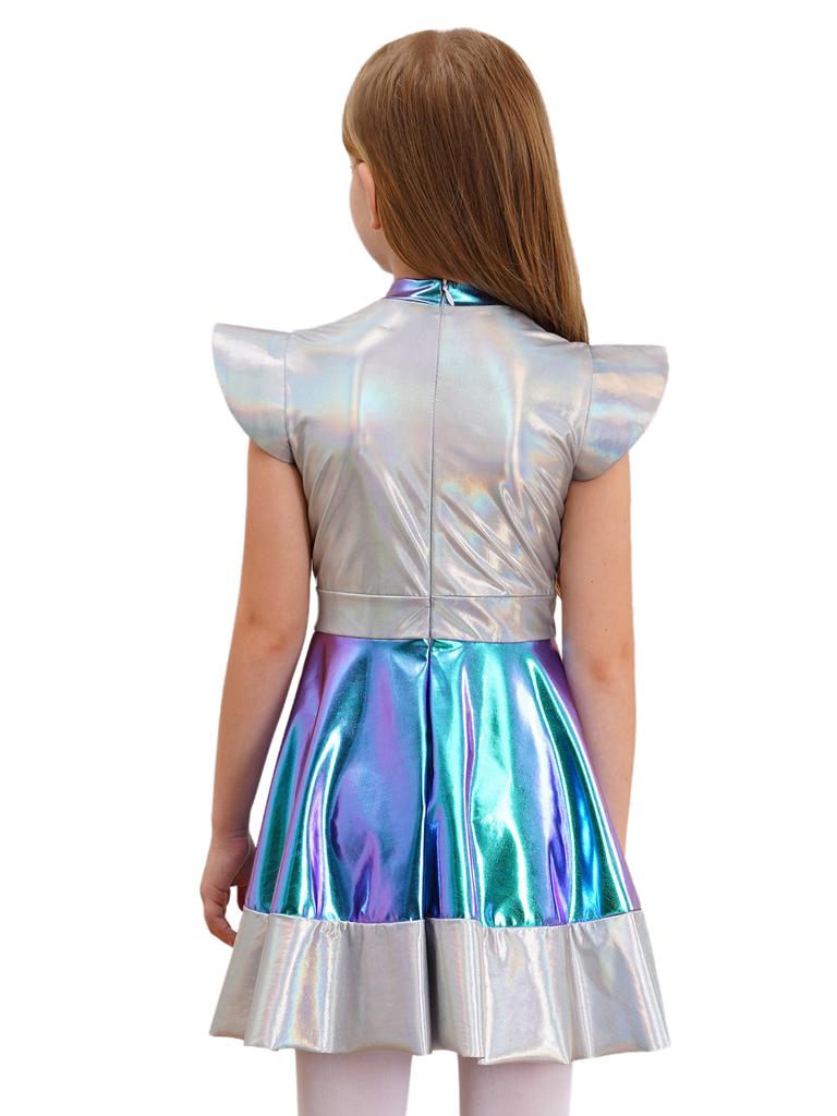 Girls Halloween Alien Cosplay Costume Glossy Outer Space Cutie Costume Roly Play Dress Fancy Dress Up Theme Party Performance