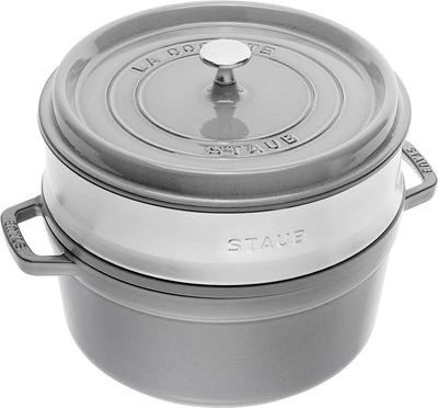 Staub Cocotte Round Grey 26 см Пароварка Большая двухручная литая эмалированная кастрюля IH совместимая с японской La Cocotte Round "Pico Set" [Авторизованный продукт] 40510-605
