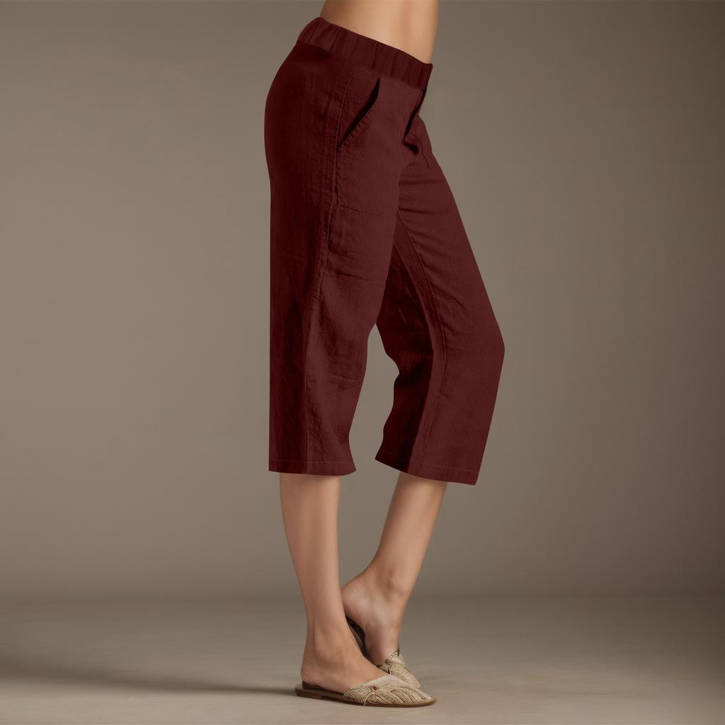 Женские однотонные брюки из хлопка и льна, свободные брюки с 7 точками и карманами